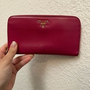 Prada Dark Pink Saffiano Leather Long Zip Wallet and dust bag